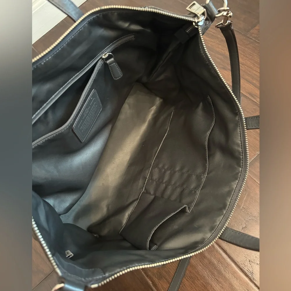 Coach Mixed‑Material Tote — Suede & Embossed Leather — Black/Grey